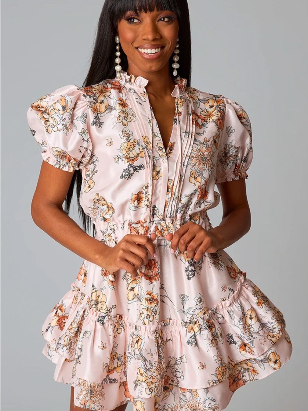 NWT Buddy Love Cream and PINK Floral Tiered Mini Dress - Picture 4 of 4